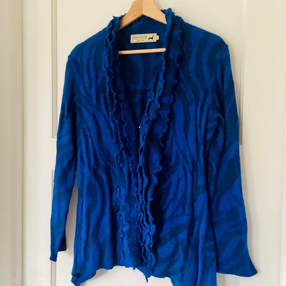 Peruvian Link Alpaca Collection Blue Ruffled Cardigan Size L Made in Peru Artsy - Picture 2 of 15